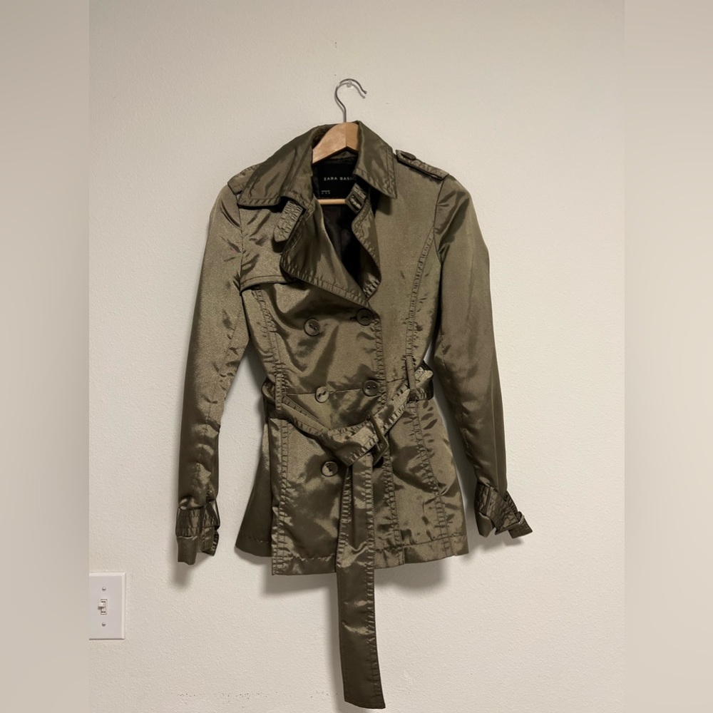 Zara Basic Double Breasted Metallic Olive Green C… - image 1